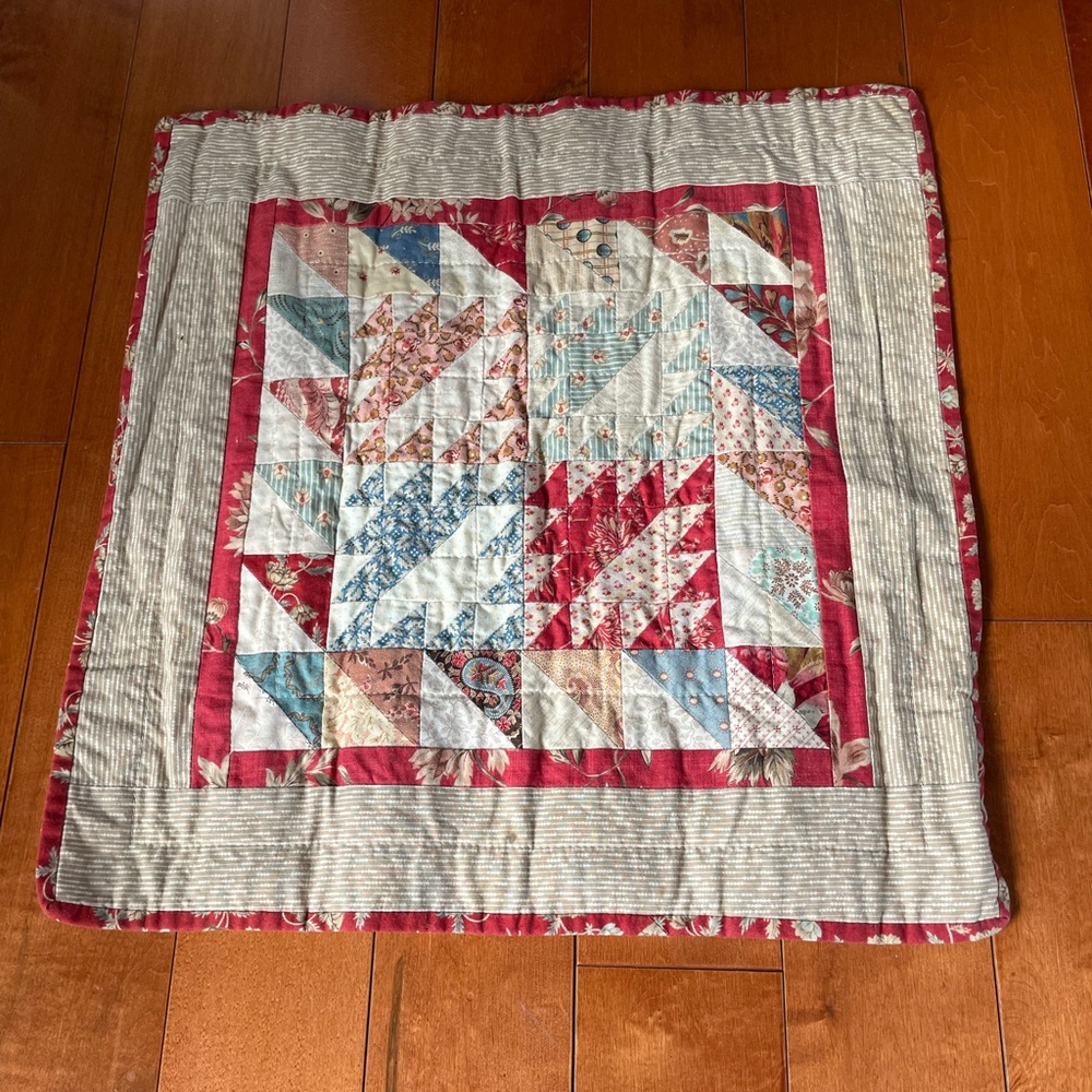 Handmade Patchwork Quilt in Red, Blue & Cream